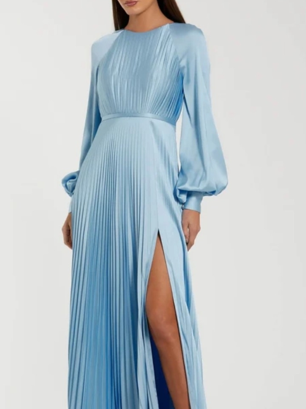 Mac Duggal Sky-Blue Pleated Long-Sleeve Maxi Dress
